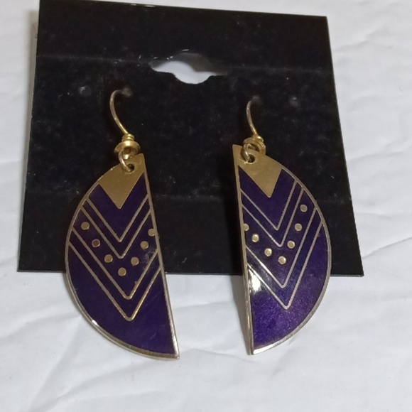 Vintage Roccoco Cloisonne Enameled Half-Moon Gold Tone Dangle Earrings - Picture 4 of 4